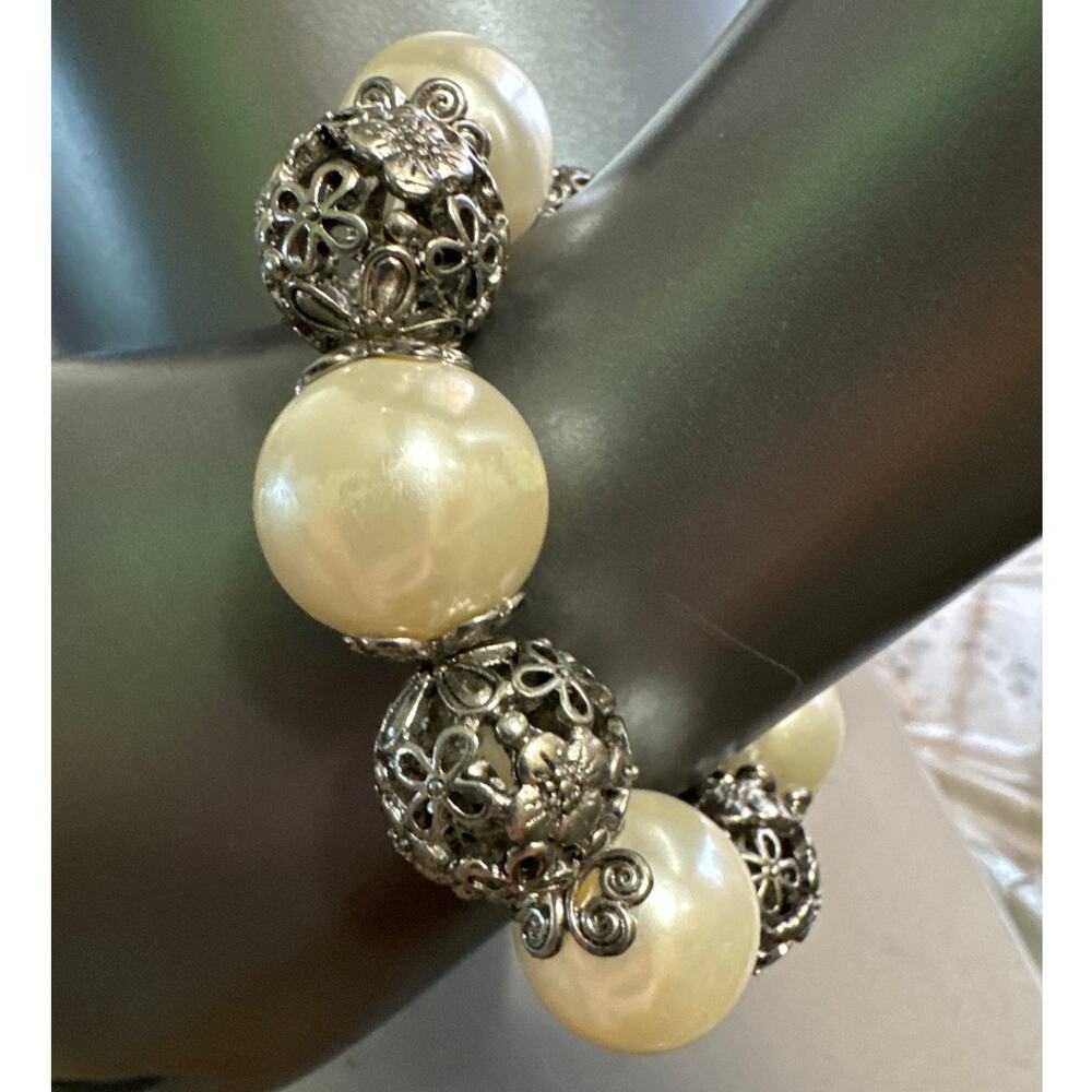 Pearls (Faux) and Silver Tone Filigree 3/4” And 1 Inch Balls Stretch Bracelet